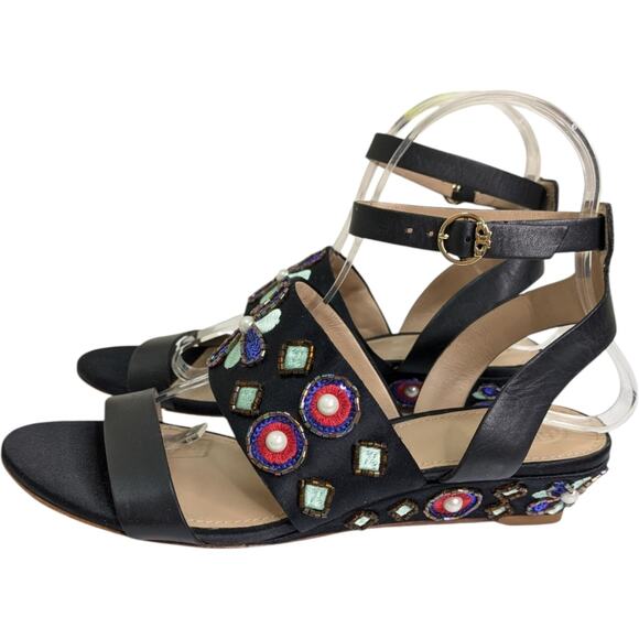 Tory Burch Estella Sandals 7.5 Crystal Embellished Leather Wedge Ankle Strap - Picture 6 of 15